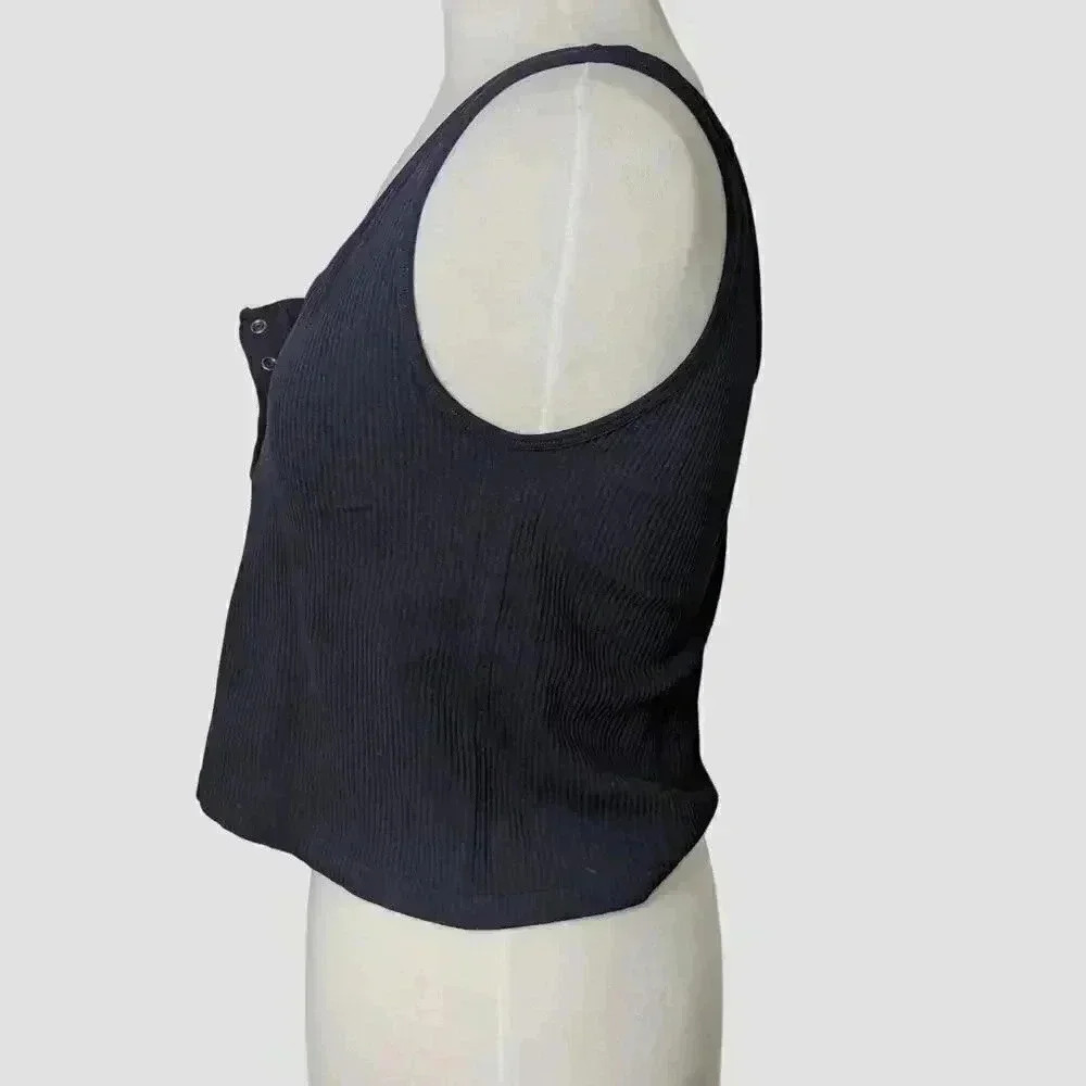 Aeropostale Womens Black Seamless Ribbed Cropped Tank Top Snap Buttons Size XL - Picture 4 of 5